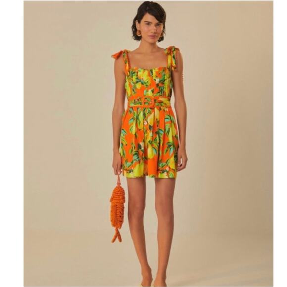 FARM Rio Dresses & Skirts - NWT Farm Rio Orange Chic Pears 100% Organic Cotton Mini Dress Belted S Retro
